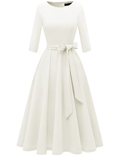 DRESSTELLS Damen Vintage Retro Kleider Elegant Swing A-Line Kleid Abendkleider Langarm Cocktailkleid Festlich Midilang Abendkleid kurz White S