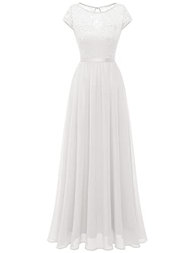 DRESSTELLS Damen Weiss Hochzeitskleider für Damen Chiffon Abendkleid Ohne Arm Spitzen Brautjungfernkleid Lang White L