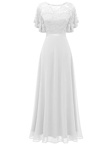 DRESSTELLS Abendkleid Lang Elegant für Hochzeit Ballkleider Damen Lang Kleider Lang Elegant für Hochzeit Brautjungfernkleid White L