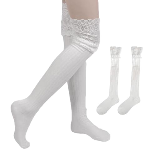 SCJJZ Stulpen für Damen,Damen lange Kniestrümpfe, Spitze Spitze gestapelt Socken kniehohe Mid-Calf Socken Baumwolle Halbsocken,weiß