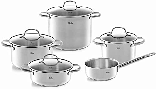 Fissler San Francisco / Edelstahl-Topfset, 5-teilig, Töpfe mit Glas-Deckel, Induktion, alle Herdarten (3 Kochtöpfe, 1 Bratentopf, 1 Stielkasserolle-deckellos), Silber