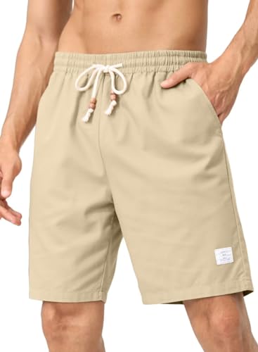 JMIERR Strand Casual Shorts Herren - Sommer Atmungsaktiv Leinen Baumwolle Kurze Hosen Bermuda Elastische Taille mit 3 Taschen Beige XL