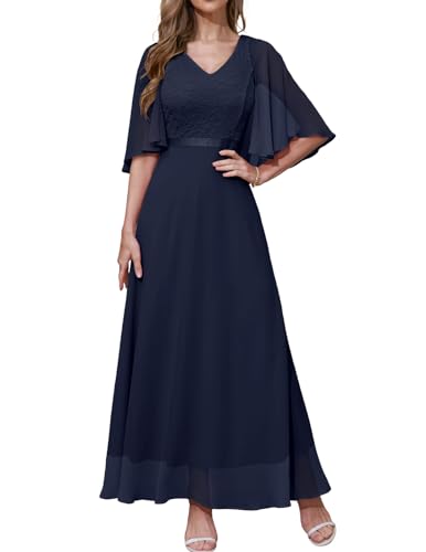 DRESSTELLS Damen Abendkleider Elegant für Hochzeit Cocktailkleid Spitzen Ballkleider Maxilang mit Kurze Ärmel Navy XL