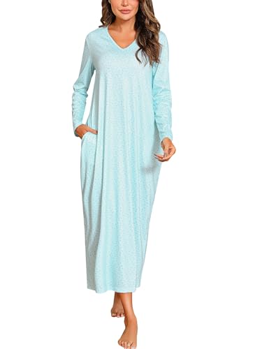 Sykooria Nachthemd Damen Lang Baumwolle Gestreifter Nachtkleid Morgenmantel Stillnachthemd Sleepwear mit Taschen, Seeblaues Blumenmuster, 3XL