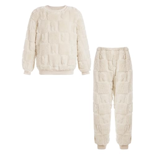 Miutii Kinder Jungen Mädchen Fleece Schlafanzug Zweiteiler Kuschelig Pullover + Hose Warme Winter Nachtwäsche Flauschiger Pyjama Set Beige 146-152