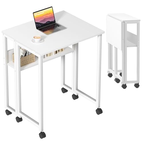 GreenForest Kleiner Schreibtisch Klappbar, 63 cm Klappschreibtisch mit Rollen, Einfache Montage Klappbarer Schreibtisch mit Stauraum, Schreibtisch Klein, Home Office Klapptisch, Weiß