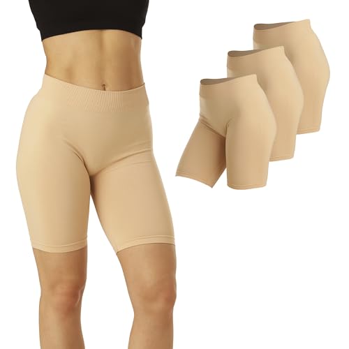 Basic Treasure 3er Pack Kurze Leggings Damen, Radlerhose Damen Kurz, Unterziehhose Damen Unter Kleid Rock, Anti Scheuern Unterhose (Beige, L/XL)