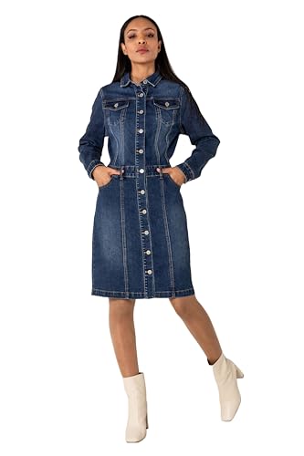 Nina Carter S538 Damen Jeanskleid mit Knöpfen Langärmlig Denim Kleid Stretch Knielang Blusenkleid Used-Look (Dunkelblau (S538), S)