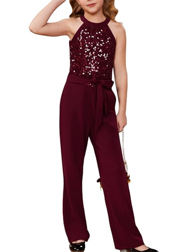 GRACE KARIN Mädchen Pailletten Overall Ärmelloses Jumpsuit Loose Fit Sommer Freizeitanzug Overall Rot 12-14 Jahre