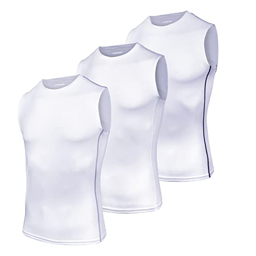 AMZSPORT Herren Kompressions-Tanktop Ärmellos Funktionsshirts Baselayer Unterhemd Weiß(3er Pack) L