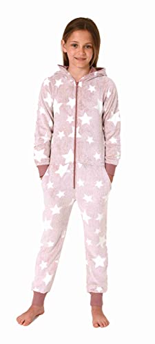 Normann Mädchen Schlafanzug Jumpsuit Overall in Sterneoptik aus kuschelig warmen Coralfleece, Farbe:rosa, Größe:152