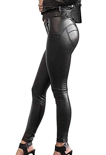 Minetom Damen Sexy Hohe Taille Skinny Kunstleder Leggings PU Leder Hose Lederhosen Leggins Strumpfhosen Treggings C Schwarz XL