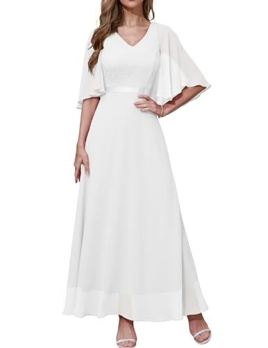 DRESSTELLS Damen Spitzenkleid Abendkleid Lang Elegant für Hochzeit Party Kleid Cocktailkleid Hochzeitskleider White 2XL