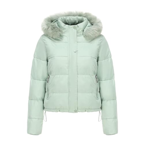 HEONSATI Damen Winterjacke Warme Kurze Steppjacke Mittellang Mit Kapuze Zipper Taschen Warm Gefüttert Winter Leichte Jacke Große Größe Lose Bomberjacke Outdoor Thermal Übergangsjacke Mantel