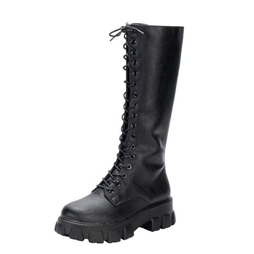 Schnürstiefel Damen Springerstiefel Kampfstiefel Overknees Stiefel Plateau Schlupfstiefel Schnürboots Pu Leder Combat Boots Militärstiefel Wanderstiefel Arbeitsstiefel Schwarz Winterstiefel Gr.35-43