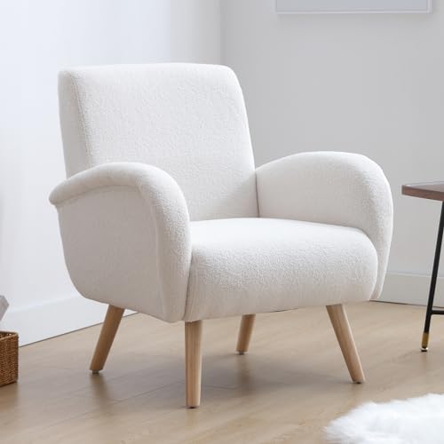 Wahson Sessel Ohrensessel Retro Polstersessel, Loungesessel mit Verdickte Rückenlehne Lesesessel Beine aus Massivholz für Wohnzimmer/Schlafzimmer,weiß