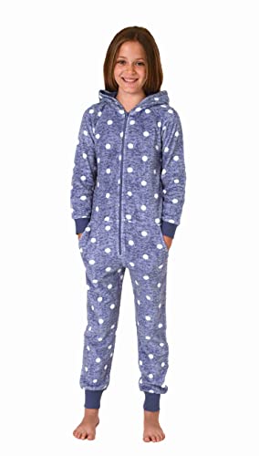 Normann Kuschelig Warmer Mädchen Jumpsuit Schlafanzug Overall aus Coralfleece in Tupfen Optik, Farbe:blau, Größe:176