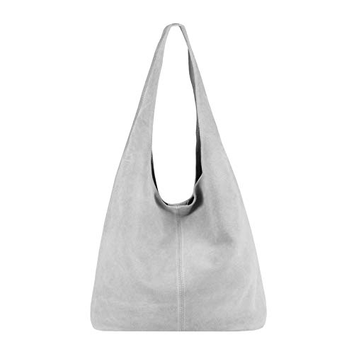 OBC Made IN Italy Damen Leder Hand-Tasche Wildleder Shopper Schultertasche Hobo-Bag Henkeltasche Beuteltasche Velourleder (Hellgrau (Wildleder))