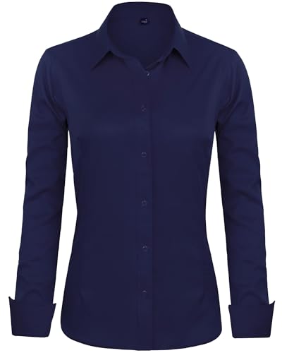 J.VER Bluse Damen Basic Langarm Stretch Hemdbluse Damen Bluse Leicht Tailliert mit Stretch Elegant Formelle Kragen Tops,Navy Blau,S