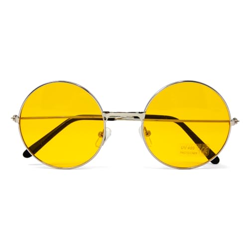 Oblique Unique® Hippie Brille Retro Sonnenbrille Rund für 60er 70er Jahre Party Flower Power Kostüm Accessoire Fasching Karneval Herren Damen (Gelb)