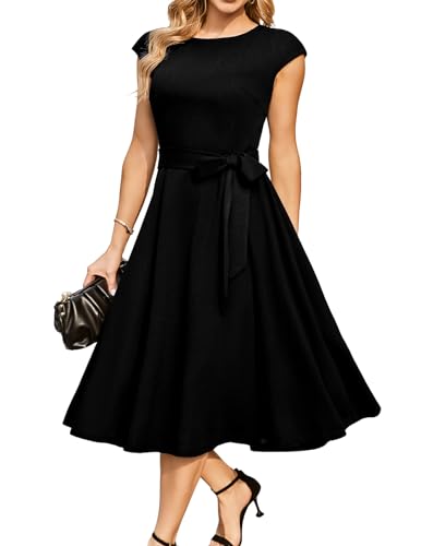 DRESSTELLS Damen A-Line Swing Festlich Knielang Hochzeit Cocktailkleid Rundhald Cape Arm Weihnachtskleidid Black M