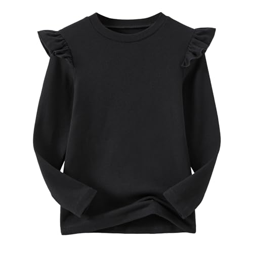 Ugitopi Mädchen Langarm T-Shirt Rüschenärmel Kinder Tops mit Rundhalsausschnitt Tunika Tshirts für Mädchen (Black, 110)