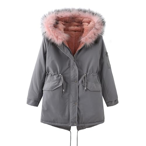 HEONSATI Wintermantel Damen Warm Gefüttert Mittellang Mit Kapuze Zipper Taschen Warm Gefüttert Winter Outdoor Übergangsjacke Freizeit Locker Jacke Große Größe Fleece Steppmantel Steppjacke