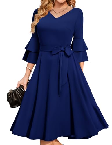 DRESSTELLS Damen Audrey Hepburn Kleid mit niedlichen Ärmeln Elegant Party Cocktail Formal Hochzeitsgast LangarmAbendkleid 50er Jahre Kleider Navy M