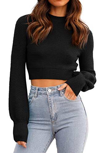 GeGekoko Damen Strickpullover Kurz Sexy Cropped Pullover mit Rundhalsausschnitt Herbst Winter Warmer Langarm Sweatshirt Elegant Kurzer Strickpulli für Frauen