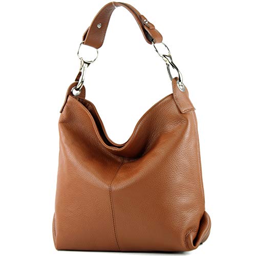 modamoda de - T168 - ital. Schultertasche Henkeltasche aus Leder, Farbe:Cognac