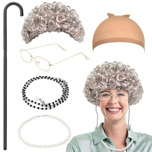 Orgoue 6 Stück Oma Perücke Kostüm Set, Alte Dame Kostüm Zubehör Oma Oma Cosplay Zubehör Alte Dame Cosplay Set mit Perücke Kappe Oma Stock Brille Halsketten Armband Perlenkette für Karneval