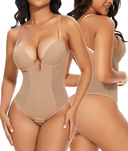 SHAPERIN Rückenfrei Formende Bodysuit Damen Shapewear Bauchweg Body mit Push Up BH Body Shaper Tiefer U Ausschnitt Beige XL