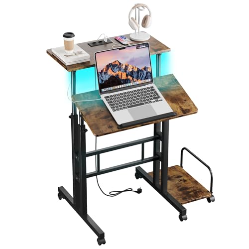 Dripex Stehpult Höhenverstellbar mit LED-Leuchten, 60x60cm Computertisch mit 2 AC-Steckdosen und 2 USB Ladeanschluss, Schreibtisch mit 4 Rollen, für Zuhause Büro, Vintage Braun+ Schwarz