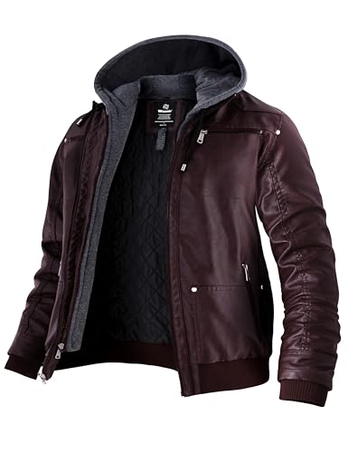 Wantdo Herren Kunstlederjacke Lederjacke Winter Gefüttert Lederjacke Abnehmbarer Kapuze Jacke Lang Kunstleder Weinrot M