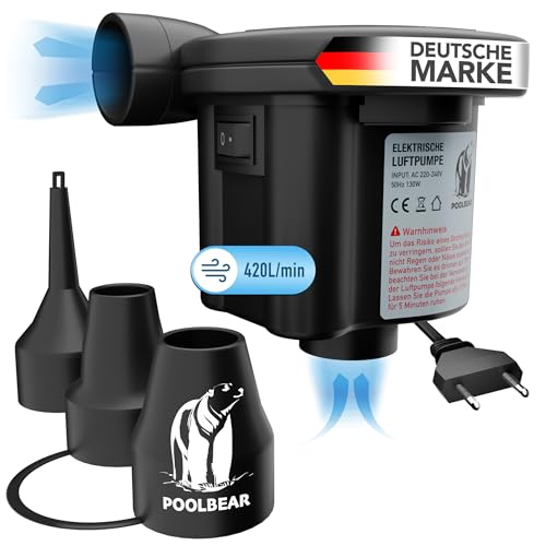 PoolBear | 2in1 Elektrische Luftpumpe 12v | Elektro-Luftpumpen für Pool, Luftmatratze, Schlauchboot & Pool Mattress | Electric Air Pump mit 3 Aufsätzen