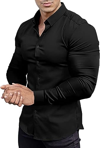 EOUOSS Herren Muscle Fit Dress Shirts Athletic Slim Fit Langarm Stretch Faltenfrei Casual Button Down Shirt, Schwarz, L