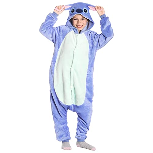 Kitimi Kinder Onesie Jumpsuit Schlafanzug Jungen Mädchen mit Kapuze, Tier Schlafoverall Anzug Pyjama Kleidung Outfit Fleece Sleepwear Kinder Kostüm Overall Cosplay Verkleidung Karneval Party Halloween