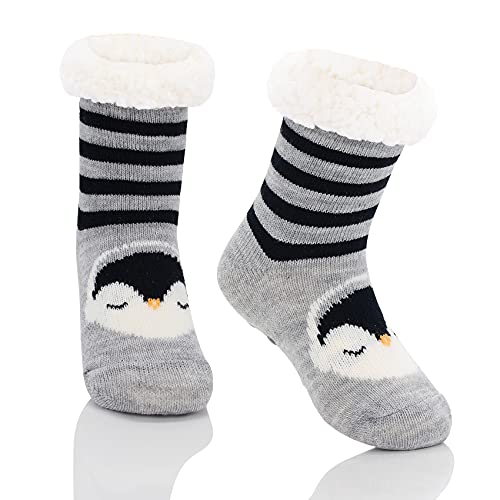 Durio Kindersocken für Mädchen und Jungen Wintersocken Weich Flauschig Warm Dick Kuschelsocken Thermosocken Haussocken Bodensocken für Kinder Schwarz-Grau Pinguin 1-3 Jahre