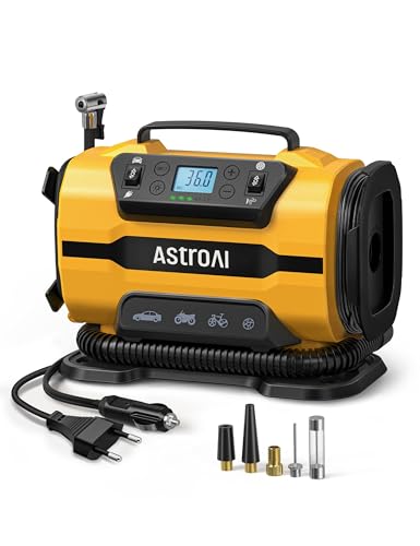 AstroAI Kompressor Auto 12V DC/230V AC Duale Stromquellen, Hochdruck bis zu 10,3 bar, max. Luftdurchsatz von 350 L/min, Multifunktionaler Luftkompressor für Fahrrad, Auto, Schlauchboote, Luftmatratze