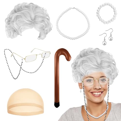 8 Stück Old Lady Kostüm, Großmutter Cosplay Zubehör Set Oma Kostüm Alte Frau, Oma Perücke mit Perückenmütze, Perlenkette Armband Ohrringe, Brille mit Kette & aufblasbarer Gehstock für Maskerade