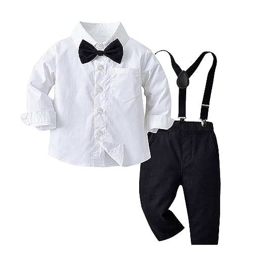 Baby Jungen Taufanzug Gentleman Bekleidungssets,Kinder Festliche Kleidung 4tlg Langärmeliges Shirt + Hosen + Hosenträger + Krawatte