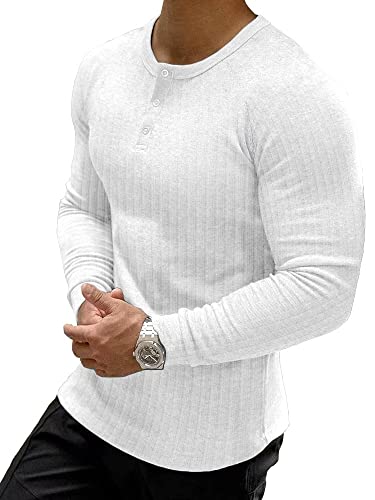 Muscle Cmdr Muscle Henley Shirt Herren Langarm, Slim-fit Langarmshirt, Freizeit T-Shirt aus Baumwolle mit Kurzen/Langen Ärmeln,Schlanke Passform Geripptes Hemd Weiß/M