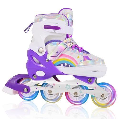 LOKJIJI Einstellbare Inline Skates für Kinder Mädchen Anfänger, Rainbow Inline Skates für Kinder und Jugend für drinnen draußen Sport Violett Regenbogen (Small)