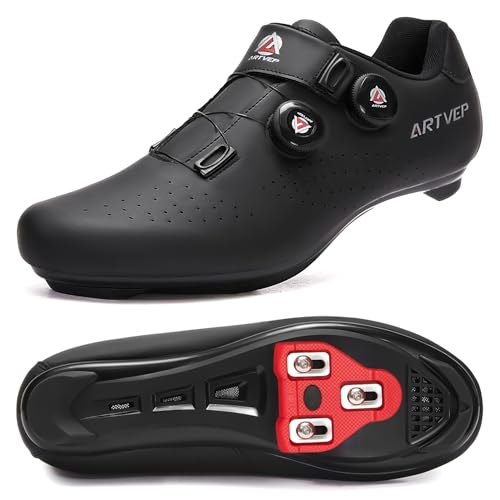 ARTVEP Herren Radschuhe Damen MTB Fahrradschuhe Kompatibel mit Look SPD SPD-SL Delta Lock Pedal Reitschuhe Kompatibel mit Peloton Schuhen Streifen Alles schwarz EU 44/270