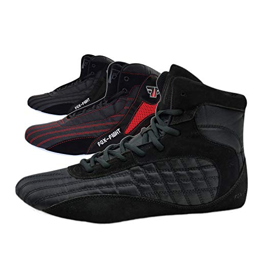 FOX-FIGHT Kampfsport Schuhe | für Damen und Herren | Atmungsaktiv Flexibel | Wildleder | Ringerschuhe | Athletik Fitnesschuhe Bodybuilding | 44 / schwarz