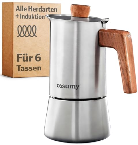 Cosumy Espressokocher Induktion für alle Herdarten geeignet - Mokkakanne Edelstahl 6 Tassen und FSC Eichenholz - Extra Silikondichtung - 300ml