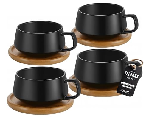 4er Set Cappuccino Tassen mit Unterteller, 320 ml Kaffeetassen, Espressotassen aus Steingut für Tee Kaffee Cappuccino, Kaffeebecher mit Holzscheibe, Schwarz