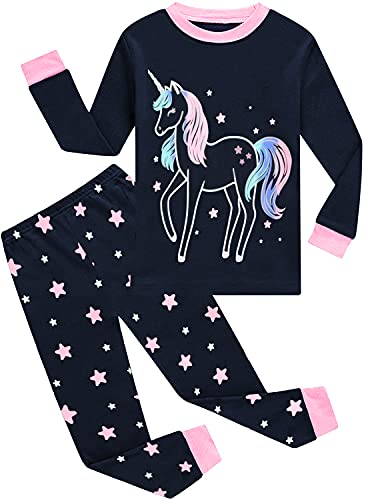 EULLA Kinder Mädchen Schlafanzüge Langarm Baumwolle Winter Pyjama Set Glow in The Dark Einhorn Zweiteilig Nachtwäsche 92 98 104 110 116 122 128 134 140 A-dunkelblau Glow in The Dark Einhorn DE 128