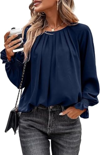 Toplop Bluse Damen Rüschen Laternenärmel: Elegant Langarmshirt Herbst Frühling Sommer Oberteile Lässig Rundhals Plissee Knopf Tops Mode V-Ausschnitt Brusttaschen Leopard Tunika A-Dunkelblau L