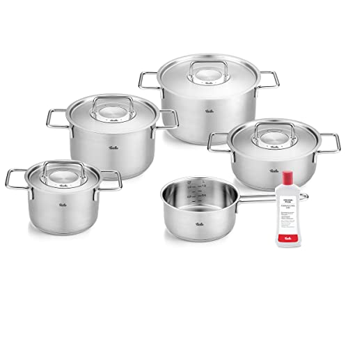 Fissler Pure Collection / Edelstahl-Kochtopfset, 6-teilig, Töpfe mit Metall-Deckel (3 Kochtöpfe,1 Bratentopf 1 Stielkasserolle 1 Edelstahlpflege) - Induktion, Silber